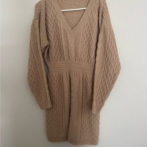 Elegant Tan Knit Sweater Dress